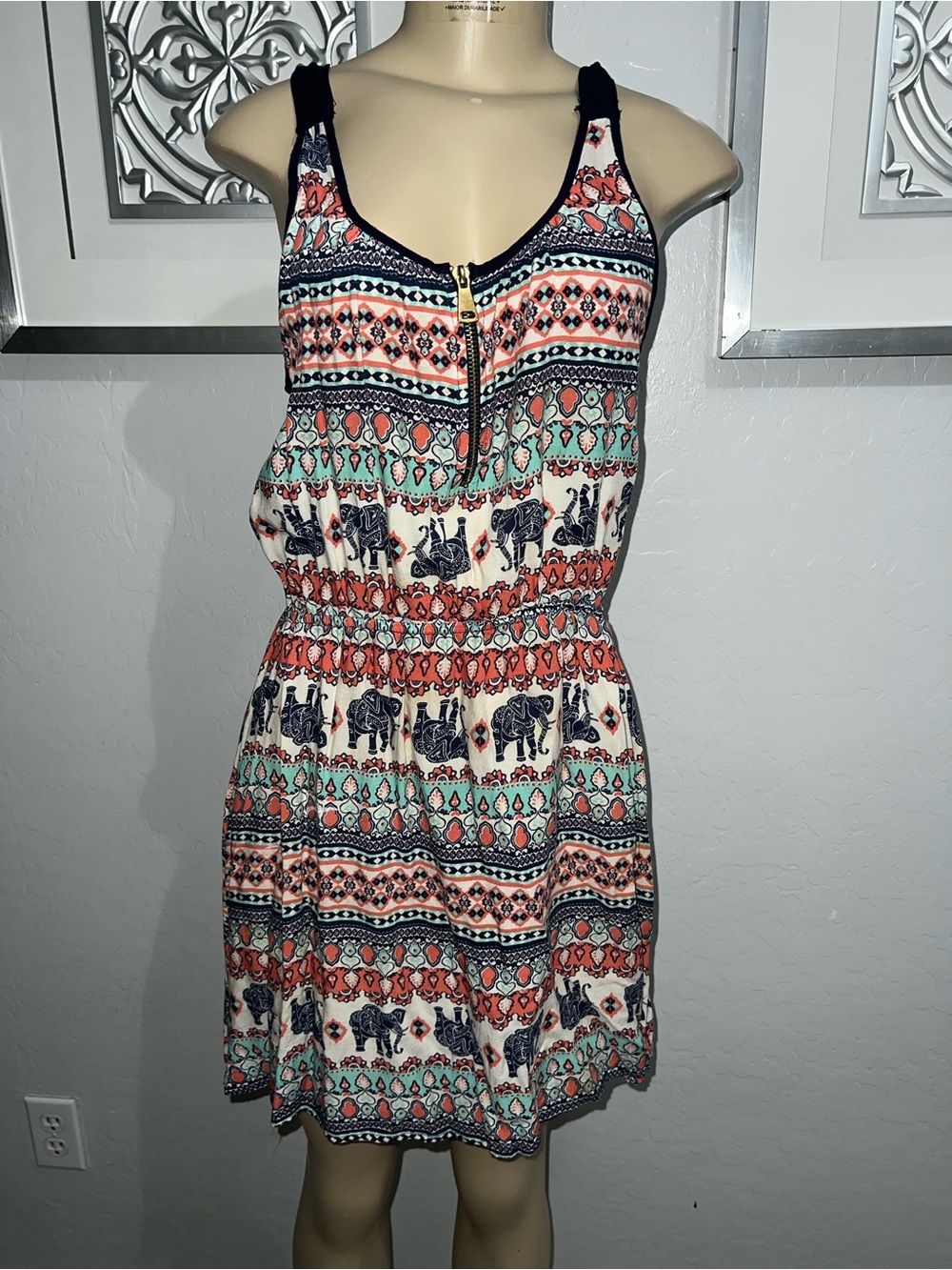 J for Justify Sleeveless Mini Dress in Cream, Navy, Coral & Mint